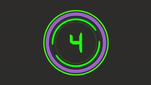 Neon green purple digital timer countdown four seconds circle number display graphic design element