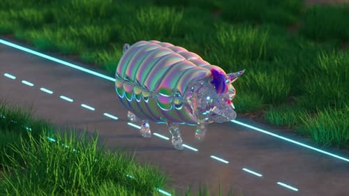 Fanny Piggy in einer trendigen Jacke und mit blauem Haarschnitt geht einen Asphaltweg entlang