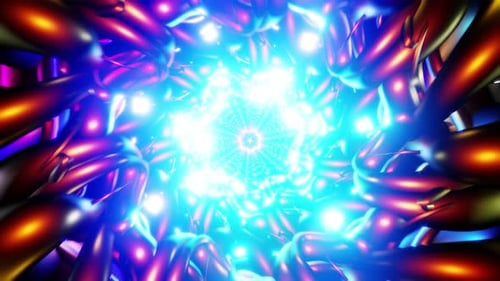 Metallic Tubular Tunnel VJ Loop with Kaleidoscopic Star Core and Neon Glow
