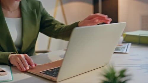 Lady Hands Close Computer Ending Work at Office Closeup Happy Businesswoman