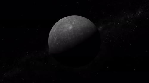 Animation des Merkurplaneten vom Weltraum aus gesehen, Asteroiden, Wolke und Kosmos, nahe Umlaufbahn, Sterne. 1689