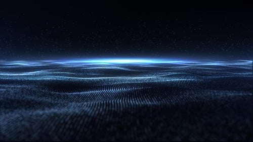 Ondas de partículas digitais emitem luz e fluxo de pontos de dados, visualização de big data, futurista