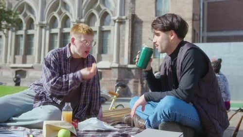 Male Students Having Picnic and Talking on University Campus