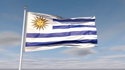 Realistic Uruguay Flag Waving in Wind Against Blue Sky