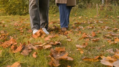 Unbekanntes Paar tritt beim Herbstspaziergang gegen goldene Blätter