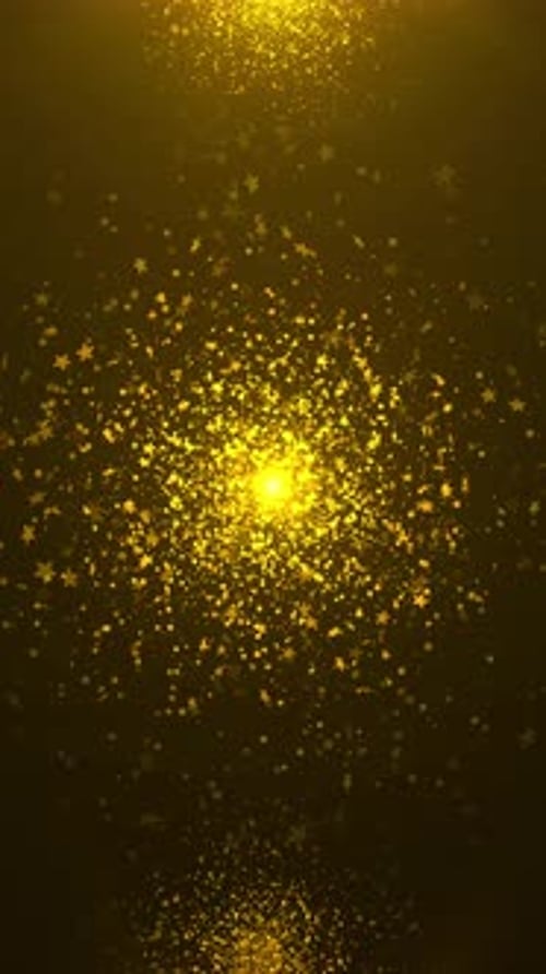 Magic star night frame sparkling glitter bokeh light wedding card. Gold confetti background. Golden