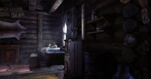 Rustic Cabin Interior with Flickering Lamp and Drifting Smoke