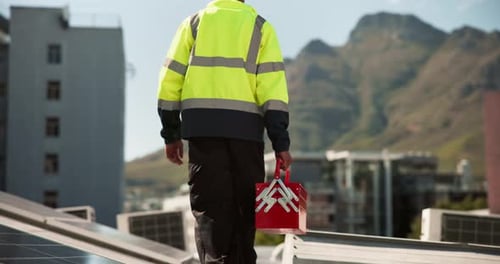 Solar panel, engineer and man with tool box for inspection, clean energy and service on grid system