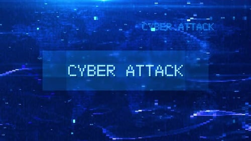 Cyber Attack Digital Text Animation over Futuristic World Map and HUD Effects