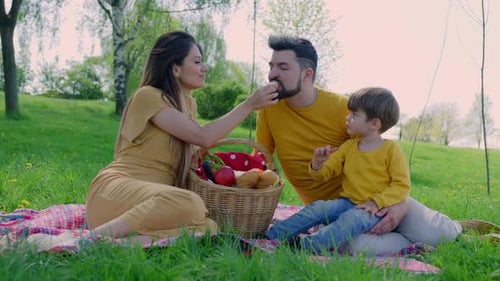 Happy Family Picnic in a Grassy Spring Park