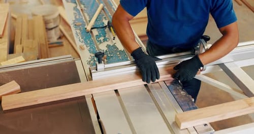 Workshop, construction and engineer with wood for manufacturing, measurement and production