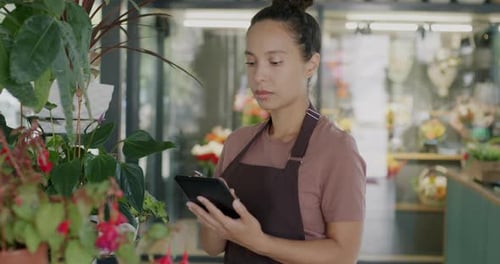 Portrait of Young Woman Florist Business Owner Doing Inventory in Shop Counting Plants and Using