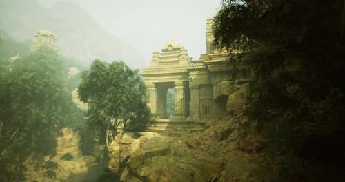 Ancient Temple Ruins Embraced By Lush Greenery in a Misty Landscape