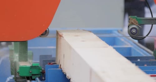 Work of the sawmill in close-up. Process of machining logs in equipment sawmill machine saw saws the