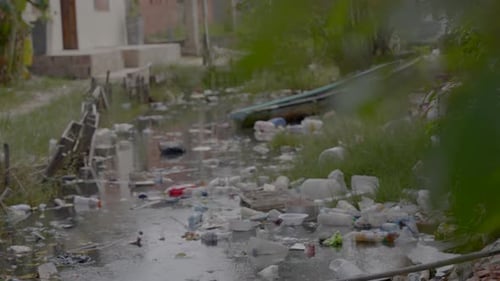 Endless garbage floats on a polluted river