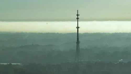 Aerial View of Telecommunications Cell Phone Tower with Wireless Communication 5g Antennas for