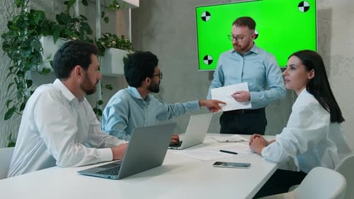 Male CEO Leader Talking to Multiethnic Business Team at Office Meeting Conference Mock Up Chroma Key