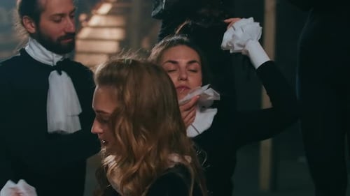 Positive Joyful Theater Actresses and Actors Getting Ready on Backstage Talking Putting on Neck Ruff