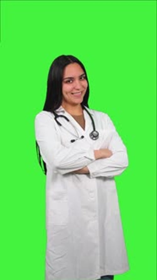 Latin Female Doctor Posing on Green Screen Background vertical