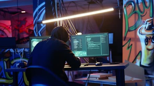 Hacker habilidoso implantando malware em computadores de vítimas inconscientes