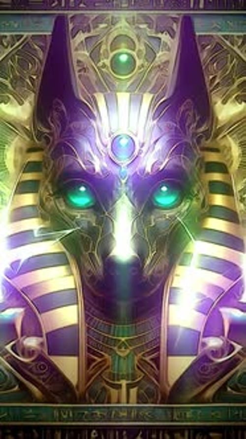 Majestic Anubis statue glowing in cosmic light, surrounded by sacred geometry mandalas and radiant