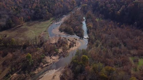 Flying Over Creek And Forest In Autumn - Aerial shot