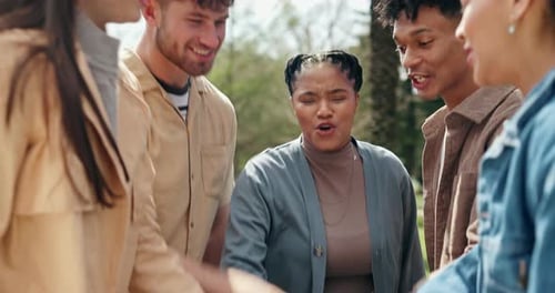 Celebrate, hands together and teamwork in synergy or huddle for university education or study