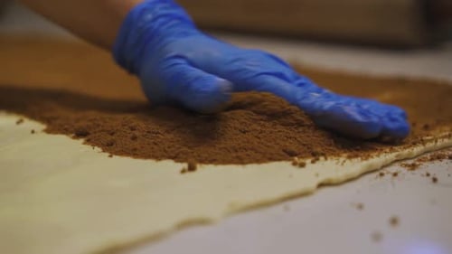 Baker Putting Cinnamon Powder On Fresh Dough. - close up