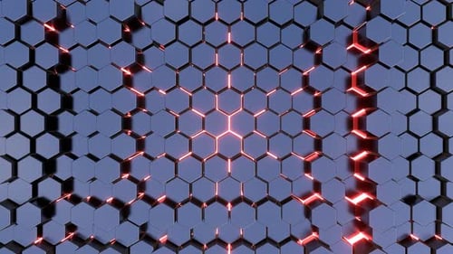 Abstract Hexagon Grid with Pulsing Red Lights Animation