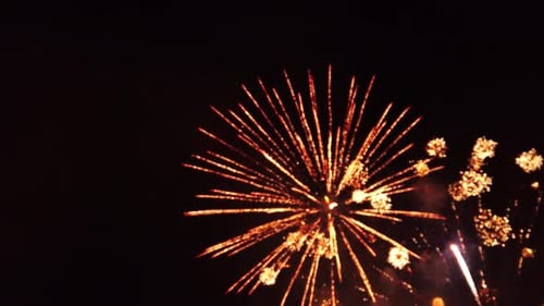 Spectacular explosion of colorful golden, red and green fireworks in dark sky. Low angle