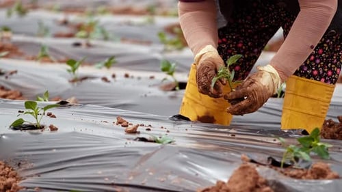 Farmer Planting Seedlings In The Field