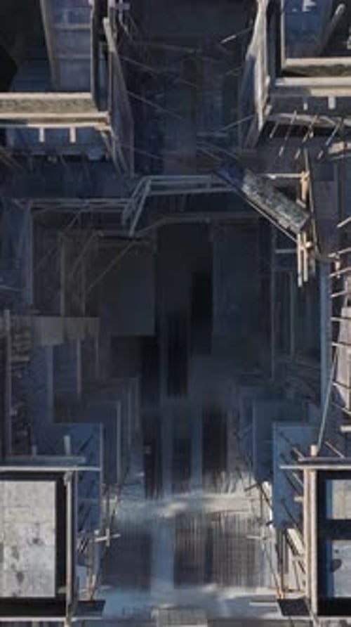 Vídeo vertical de ingenieros expertos uniendo piezas de grúas de torre en una gran obra capturada desde el aire