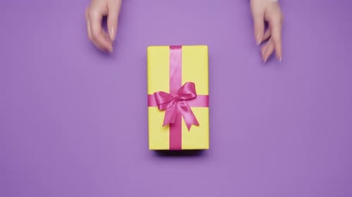 Beauty of Giving and Receiving Gifts Presents Between Man Woman Violet Top View Couple Celebrations