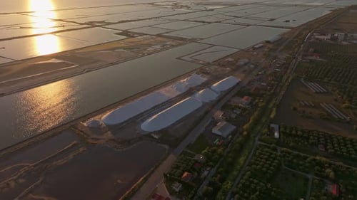 Aerial view of salt pans at sunset, Greece.