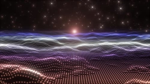 High-Tech-Si-Fi-Hintergrund, Weltraumhintergrund, partikelwellenähnlicher Berg mit Lanzenfackel und Sternen