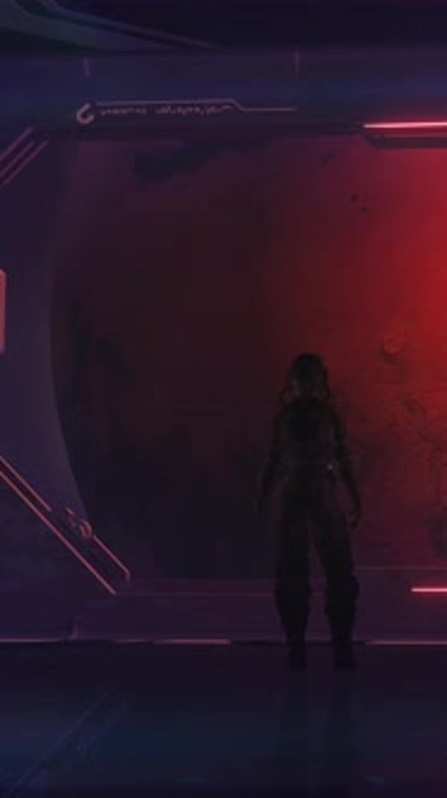 Futuristic Astronaut Standing in Space Station with Planet View