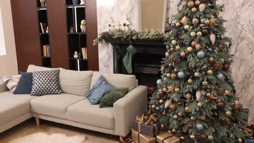 Festive Christmas Tree with Gifts at Home