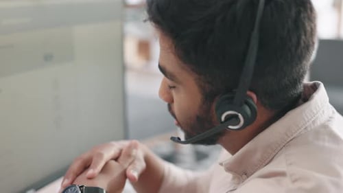 Businessman, call center and consulting on computer screen for customer service