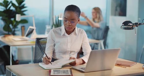 Attractive African American Office Executive Woman Using Laptop Computer Making Digital Presentation