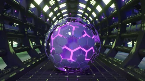 Lila leuchtende Sechseckkugel im futuristischen 3D-Tunnel