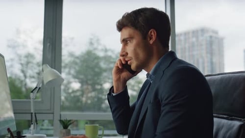 Handsome Entrepreneur Talk Mobile Phone Portrait. Office Manager Consult Client Colleague On Call...
