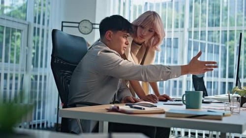 Office Team Looking Tablet Discussing in Buro Agency Closeup Colleagues Working