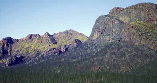 Majestic Mountain Range with Dense Forest Under Clear Blue Sky