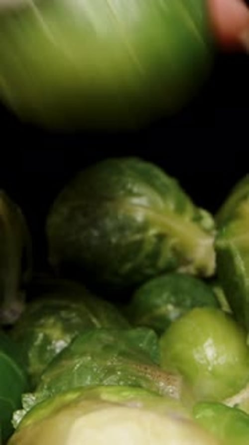 Vertical video. Mountains of cooked Brussels sprouts, as the camera moves forward