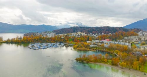 Aerial view of cityscape of Lucerne, lakeside part of city, crystal clear waters of lake Lucerne