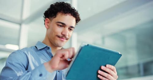 Tablet, scroll and smile with business man in office for seo report, email and research