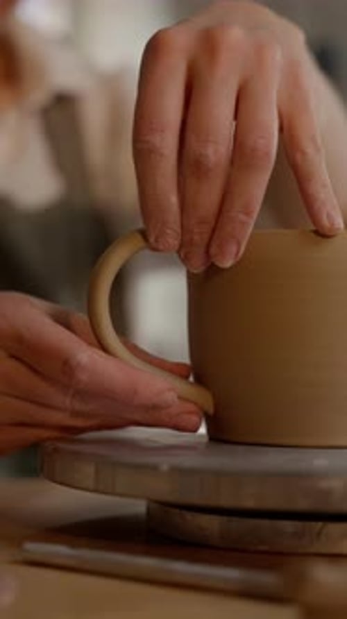 Potter Attaching Handle to Clay Mug on Wheel