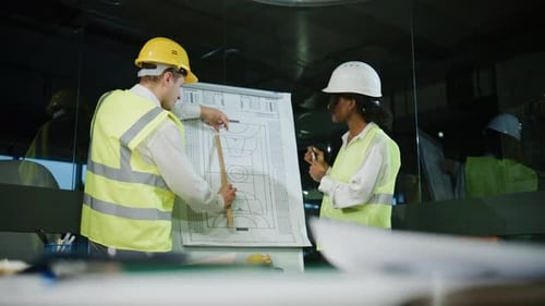 Engineers Discuss Blueprint in Office While Reviewing Sports Facility Design with Safety Gear and