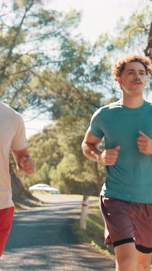 Running, fitness and health with friends in nature for wellness, marathon practice and training