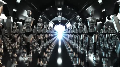 4k loop animation of marching cyborgs